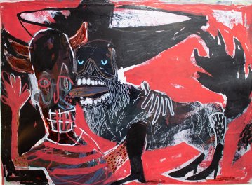 Twisty Beasts #9 - Modern, Expressionistic, Illustrated Painting with Frame - Primary Red & Black - Saturated Contrast - high quality 50x70cm