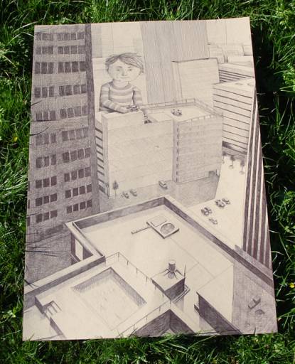 Photo drawing of a boy in the big city, houses, buildings, skyscraper, art drawings and illustrations online, talented artists, art online